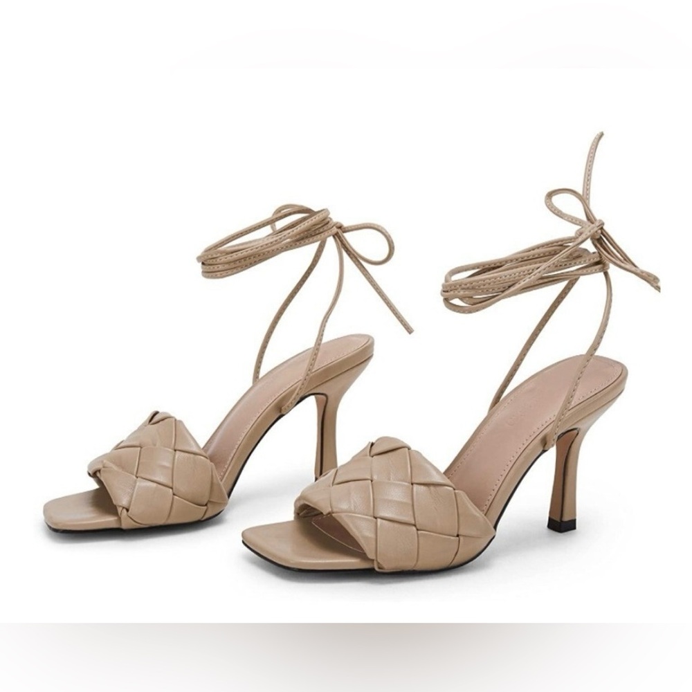 Y2K Strappy Leather Heel Tan Brown Women Wrap Ankle Bow Sandals Square Open 8‎